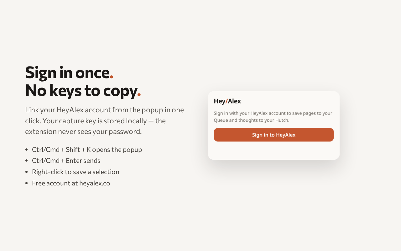 The HeyAlex extension popup signed in, showing the account email and the Save page action
